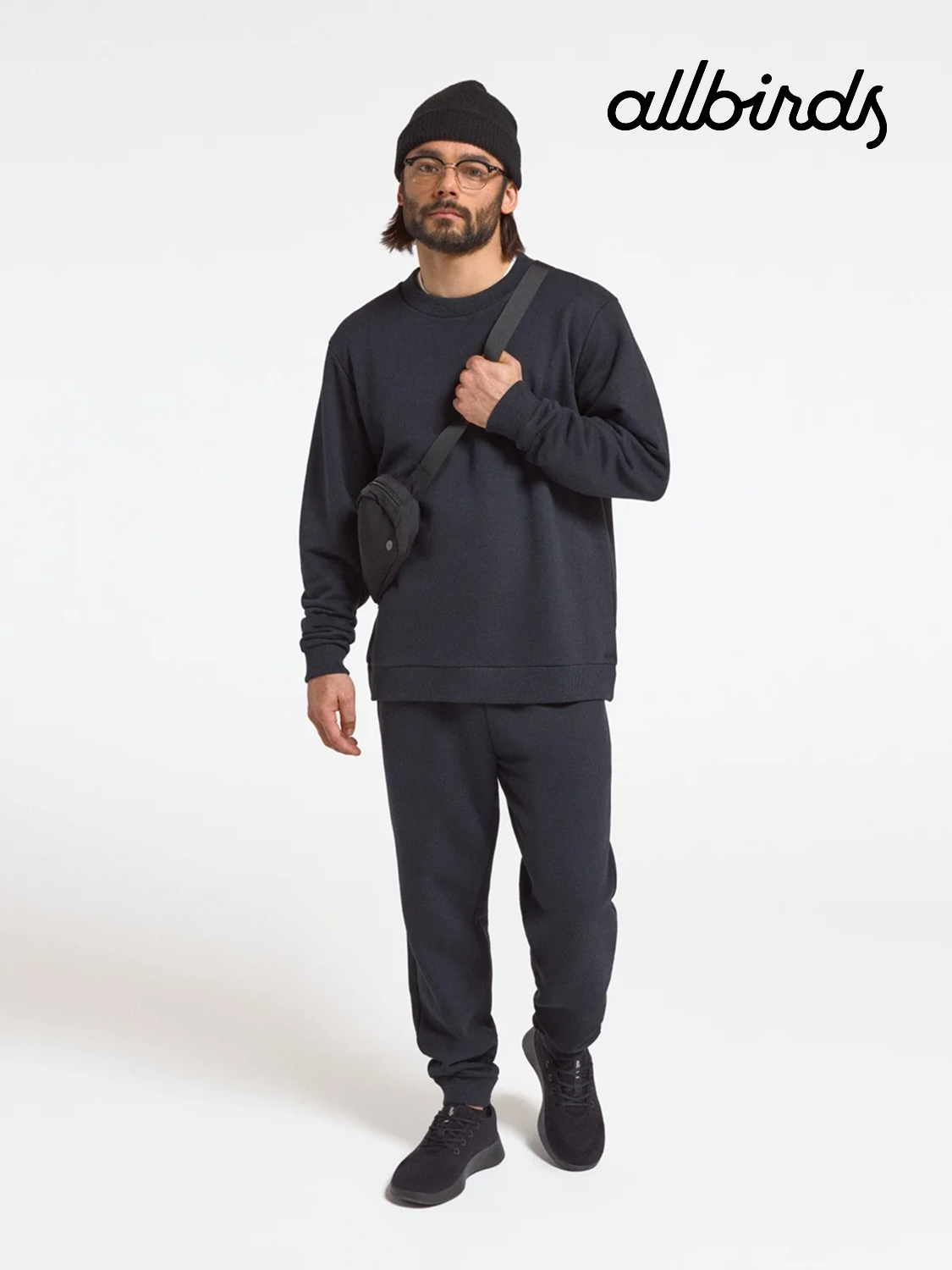 Allbirds black athleisure look.