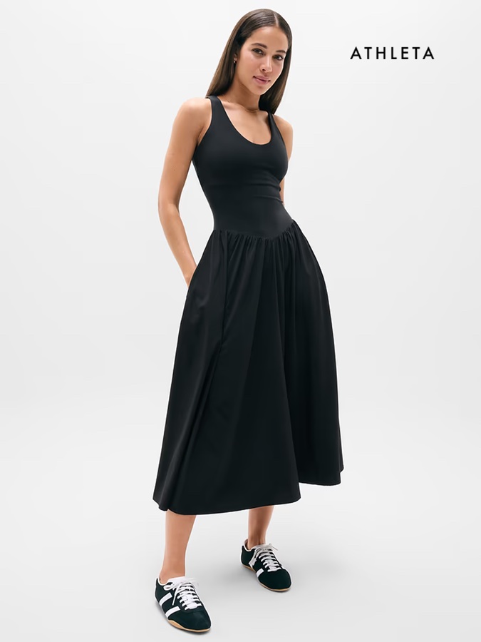 Athleta black dress and sneakers look.