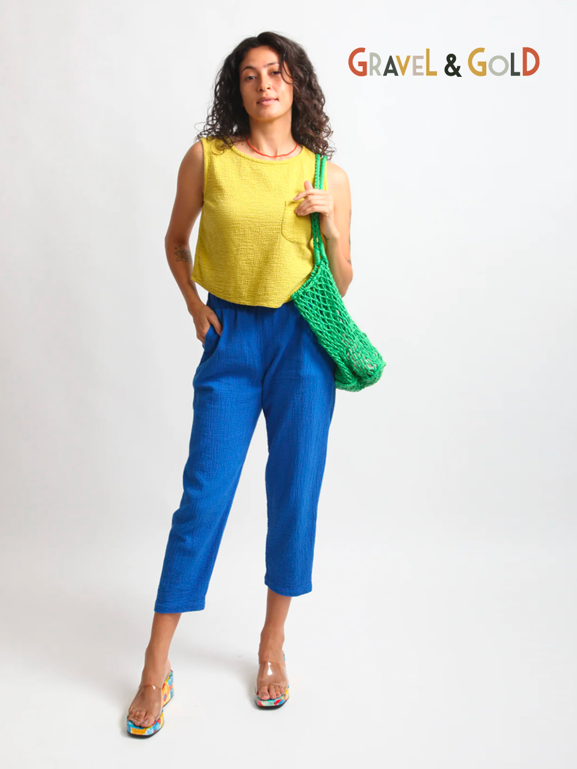 Gravel and Gold colorful casual look.