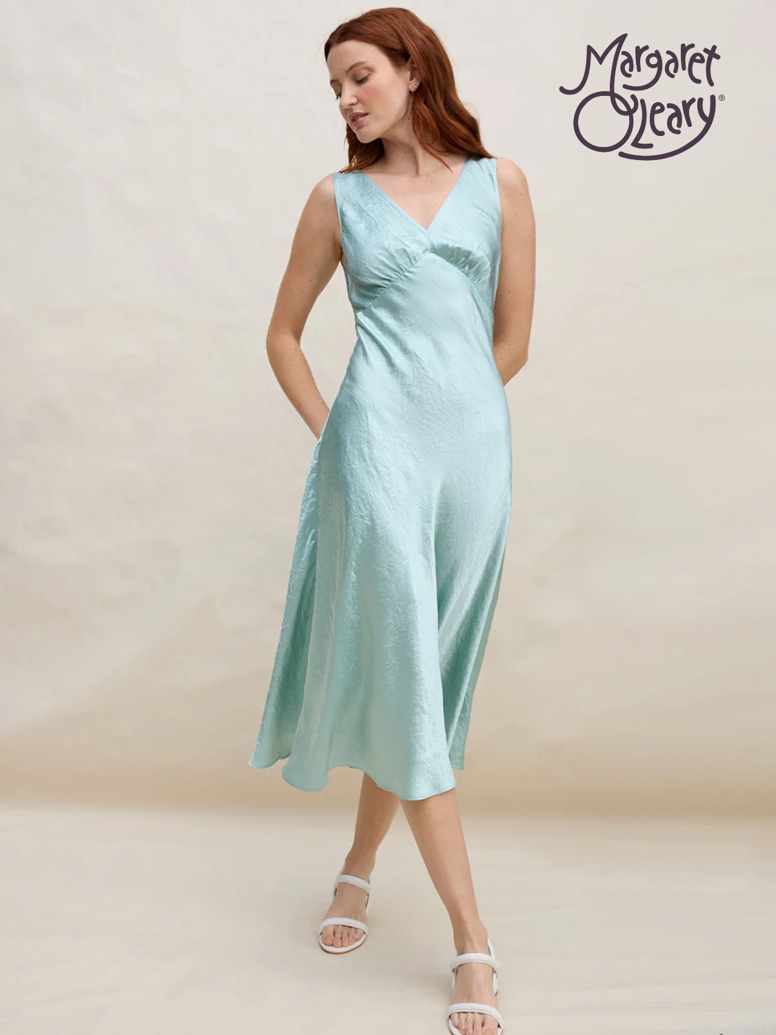 Margaret O'Leary blue dress look.