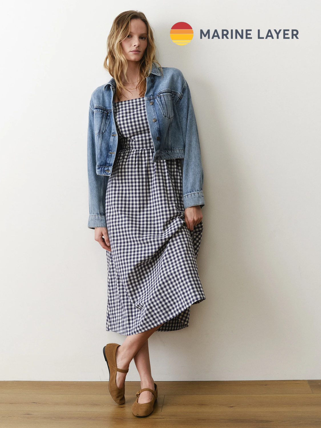 Marine Layer denim jacket and dress look.